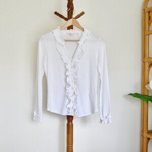 Boden Women's Ruffled V-Neck White Soft Jersey Knit Button-Down Blouse 2P